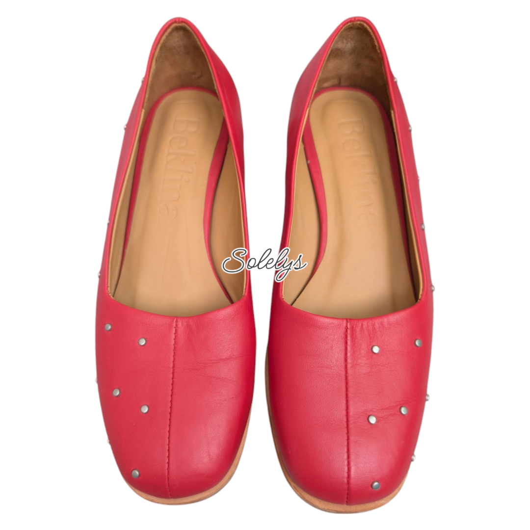 Beklina Pinto Studded Low Wood Heel Leather Comfort Pump Geranium Red Womens 6